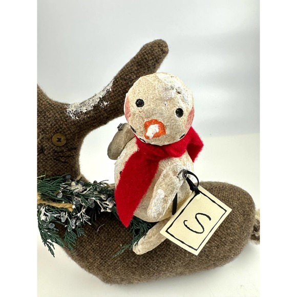 Vintage Snowman Riding A Large Bunny Rabbit Art Piece Soft Sculpture - Picture 5 of 11
